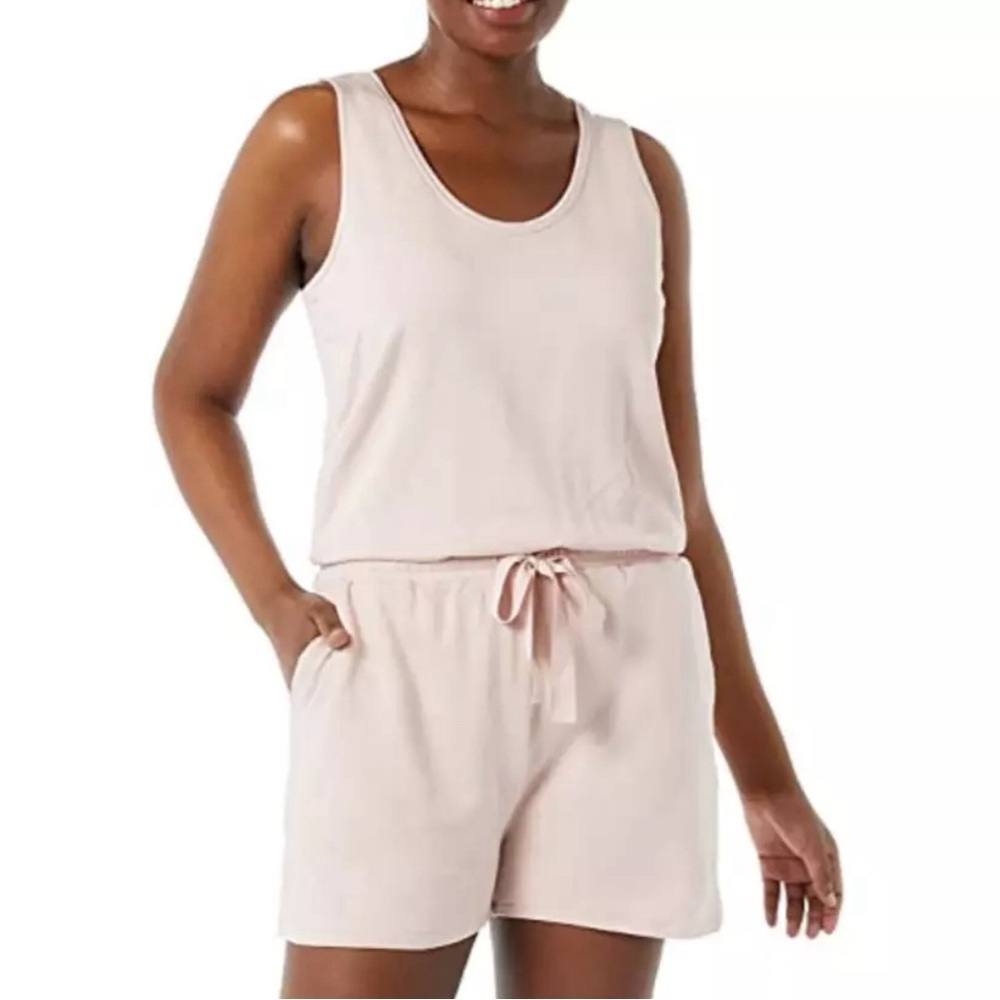 WOMENS PALE PINK SHORTS ROMPER DAILY RITUAL SLEEVELESS TIE WAIST POCKETS MEDIUM